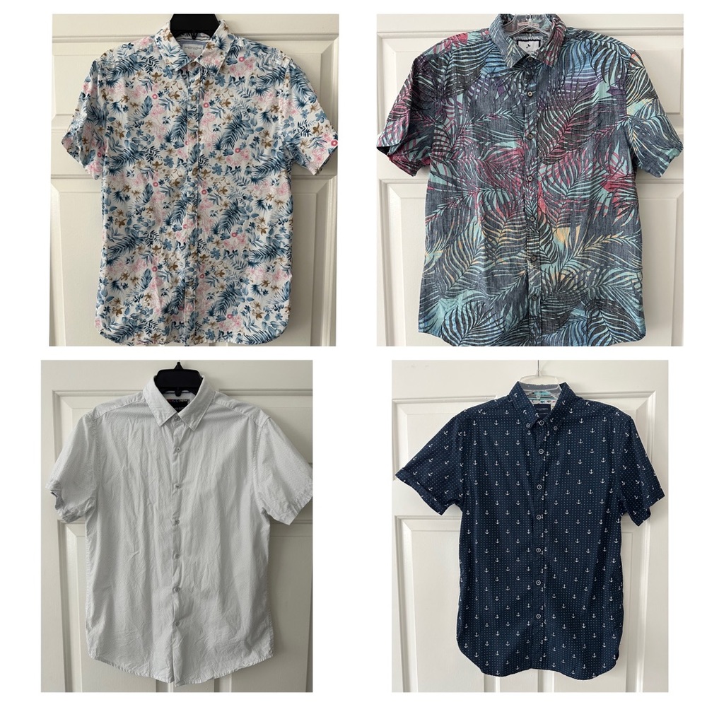 Bundle- 4 Mens Small Button Up Short Sleeve Shirts (Denim & Flower)